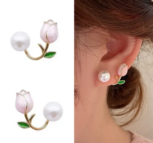 Pink Tulip Flower & Pearl Stud Earrings,