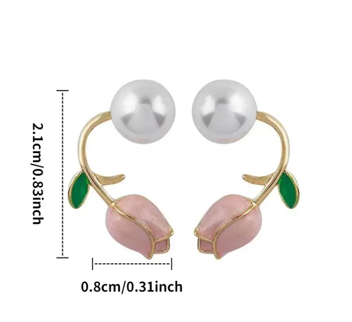 Pink Tulip Flower & Pearl Stud Earrings,