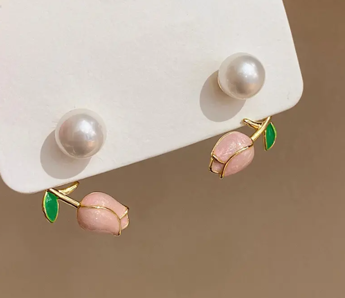 Pink Tulip Flower & Pearl Stud Earrings,