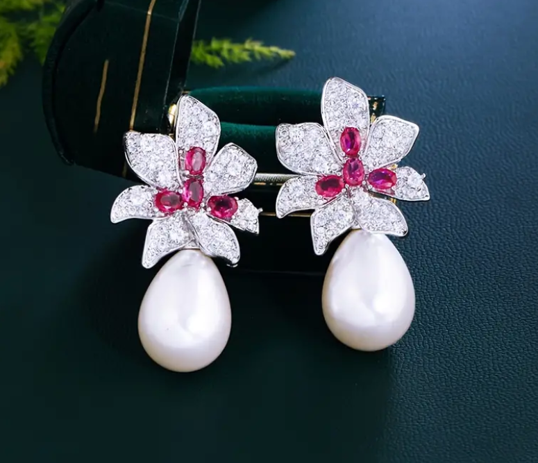 Flower Design Silver Plated Paved Shining Zirconia.