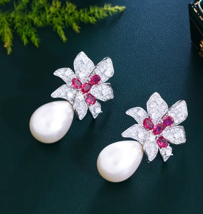 Flower Design Silver Plated Paved Shining Zirconia.