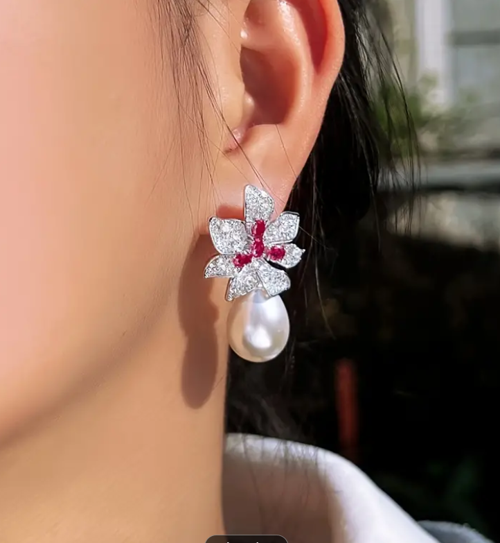 Flower Design Silver Plated Paved Shining Zirconia.