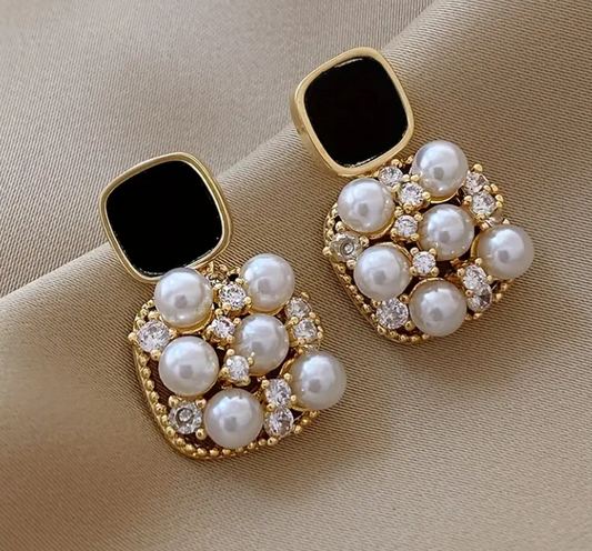 Square Faux Pearl Zircon Stud Earrings.