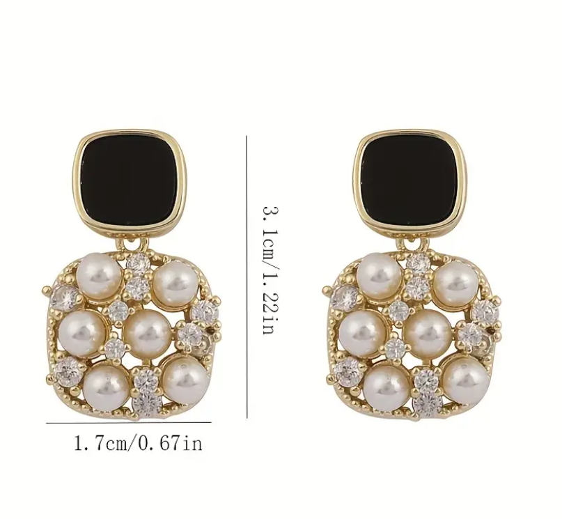 Square Faux Pearl Zircon Stud Earrings.